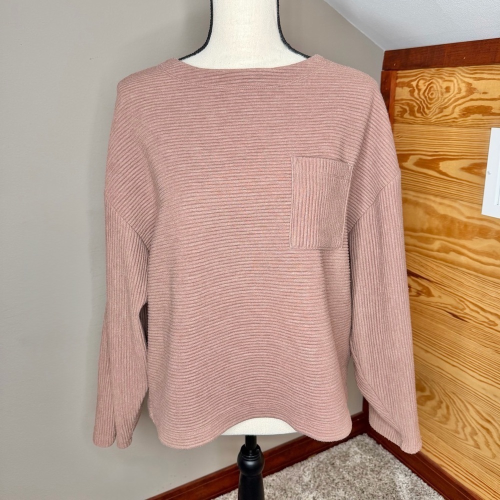 A New Day Ribbed Knit Pocket Sweater Top Mauve Pink Medium M Long Sleeve